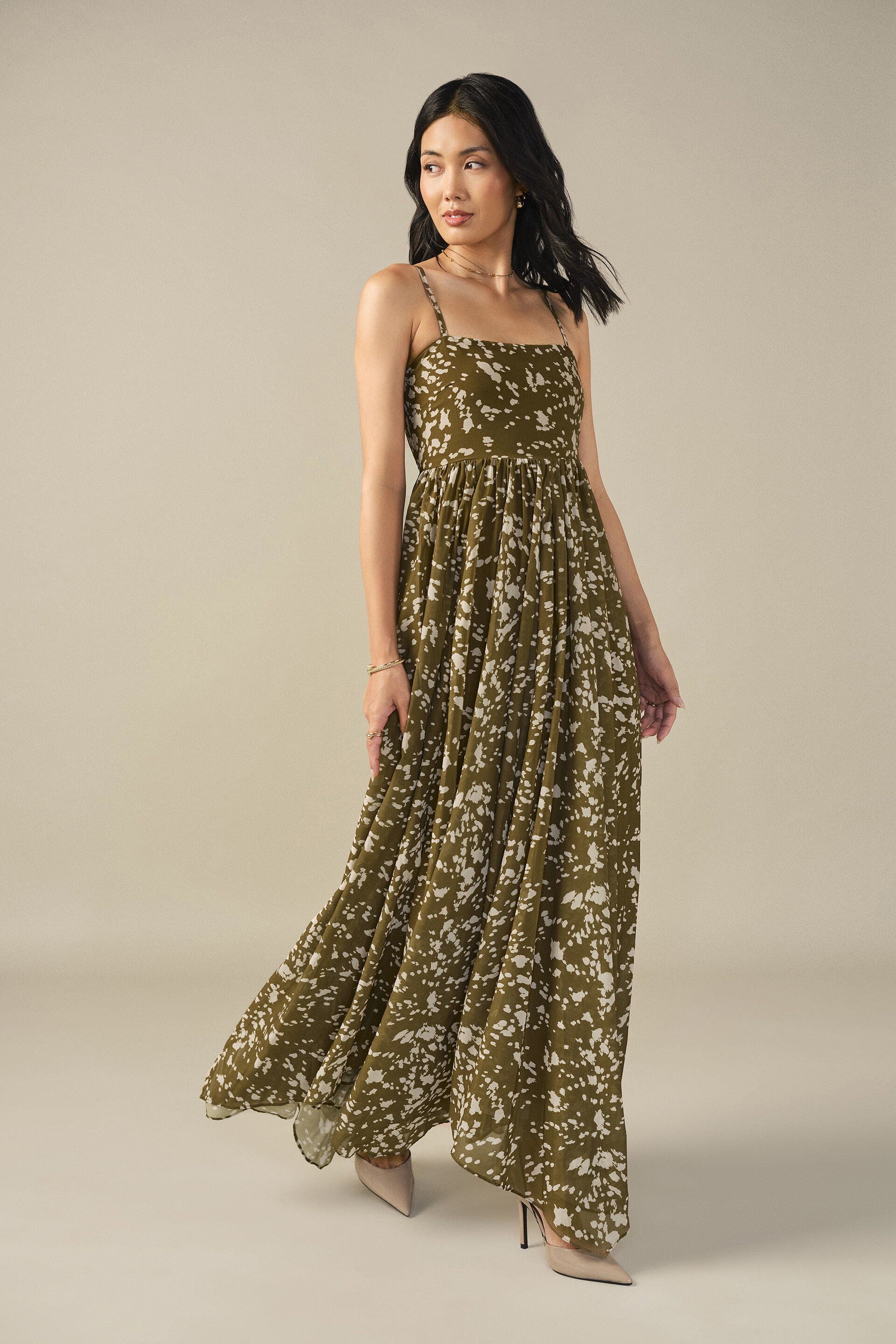 Printed Maxi Dress in Olive, Green, image 2